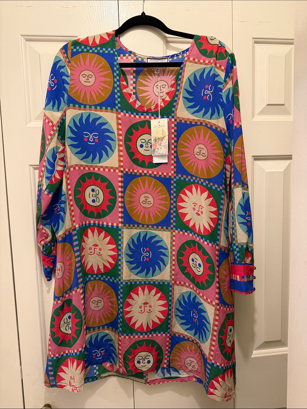 Johnny Was Multicolor Sunface Print Dress — Blue, Pink, Green
